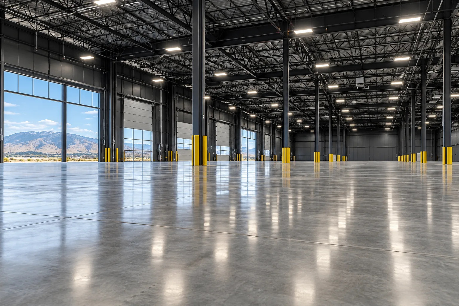 Freshly scrubbed sealed concrete warehouse floor