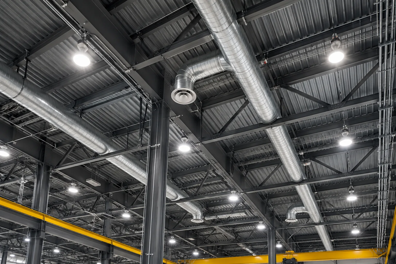 Warehouse ceiling with clean beams and lights