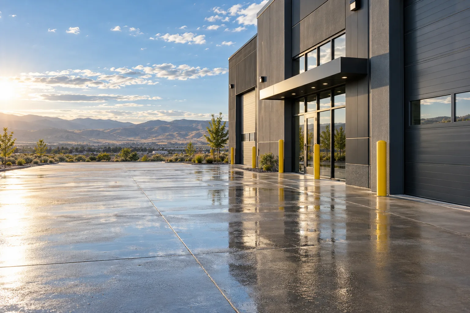 Washed concrete apron in front of an industrial building