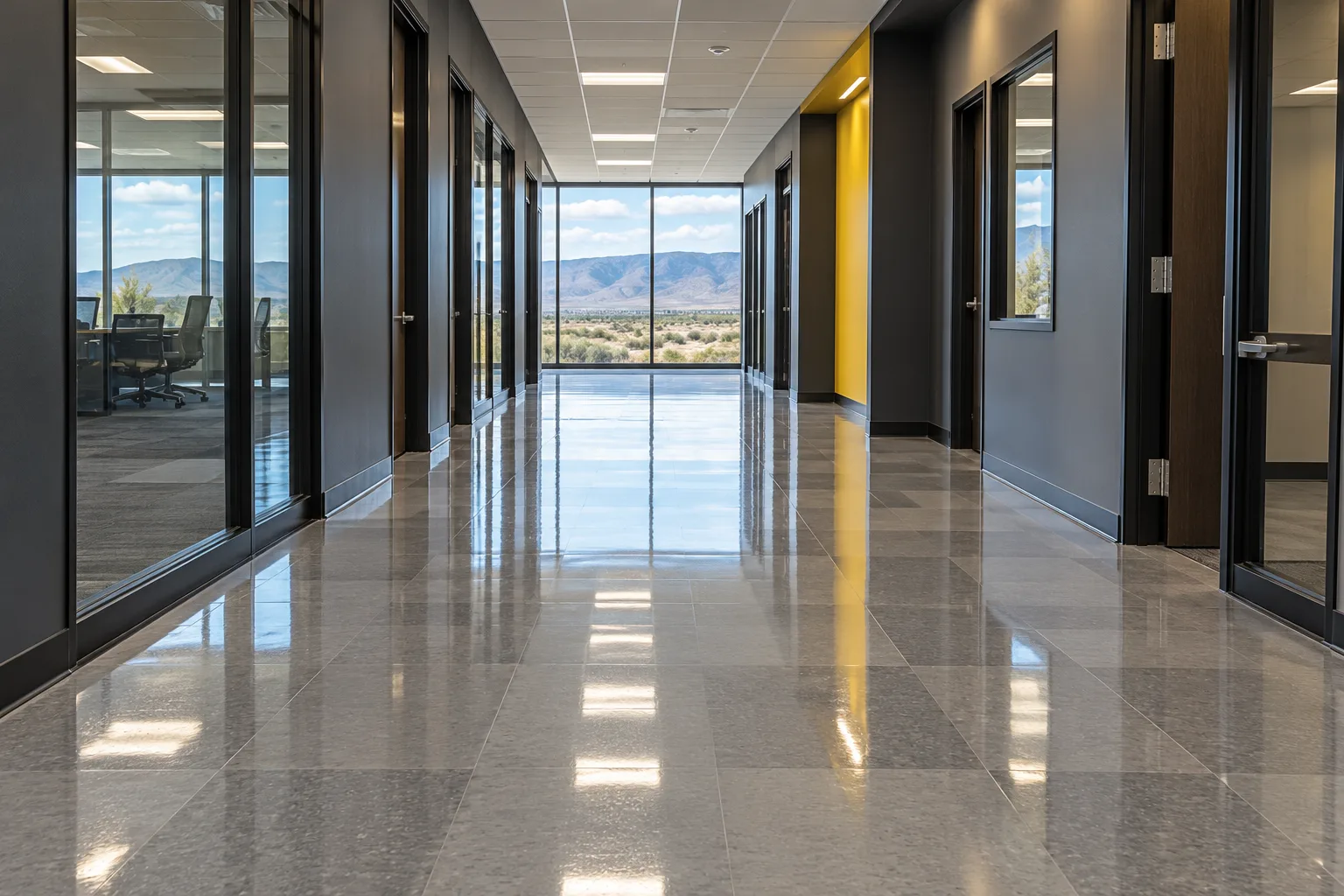 Glossy refinished tile corridor floor